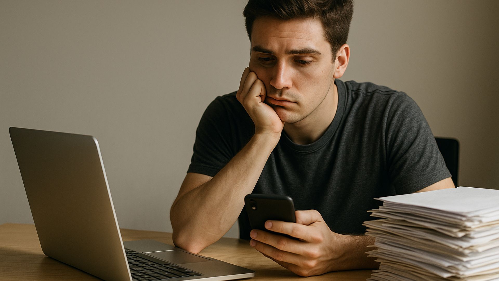 Pessoa sentada à mesa com um laptop aberto e pilha de papéis ao lado, olhando para o celular com expressão pensativa, simbolizando a procrastinação.