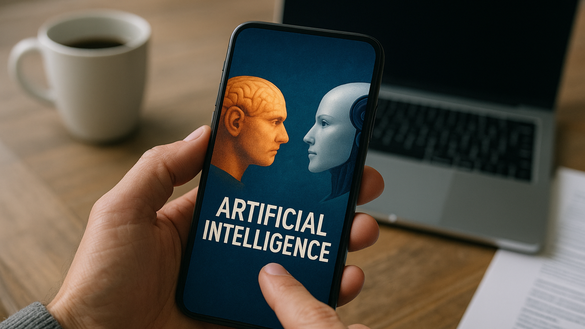 Pessoa segura um smartphone exibindo uma ilustração que mostra um humano e um robô frente a frente, representando a Inteligência Artificial, com um notebook e uma xícara de café desfocados ao fundo.